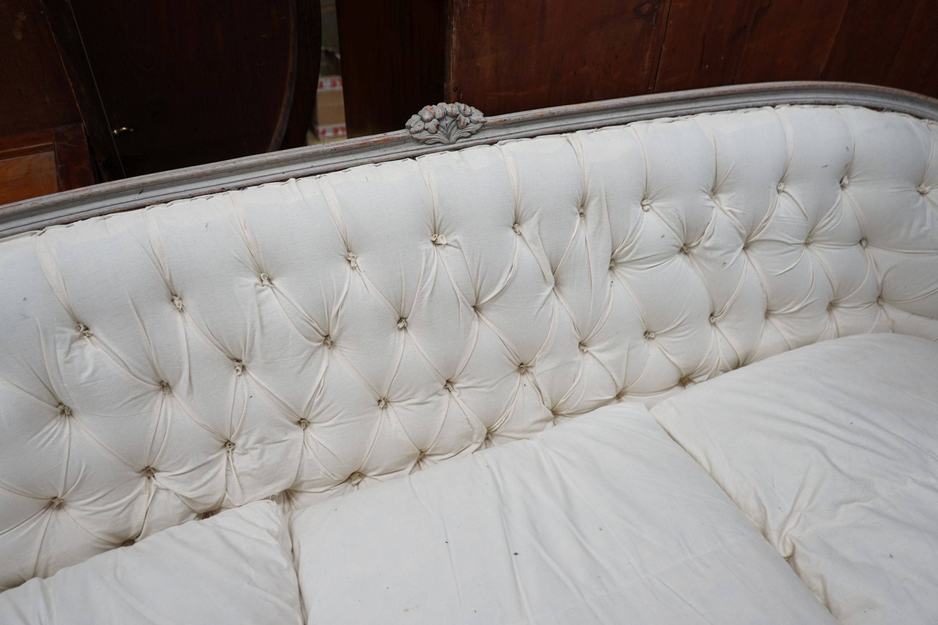 A 19th century French painted carved beech settee, length 182cm, depth 76cm, height 88cm